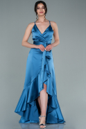 Front Short Back Long Indigo Satin Prom Gown ABO086