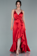 Front Short Back Long Red Satin Prom Gown ABO086
