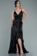 Front Short Back Long Black Satin Prom Gown ABO086