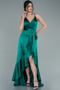 Front Short Back Long Emerald Green Satin Prom Gown ABO086