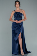 Long Navy Blue Satin Prom Gown ABU2462
