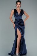 Long Navy Blue Satin Prom Gown ABU2504