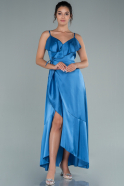 Front Short Back Long Indigo Satin Prom Gown ABO092