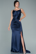 Long Navy Blue Satin Prom Gown ABU2539
