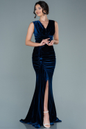 Long Navy Blue Velvet Mermaid Evening Dress ABU2671