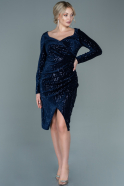 Midi Navy Blue Sequined Velvet Evening Dress ABK1529