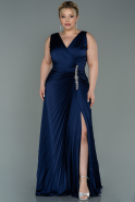 Long Navy Blue Satin Plus Size Evening Dress ABU3076