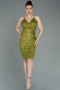 Fıstık Yeşili Askılı Pullu Kısa Davet Elbisesi ABK1763