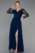 Long Navy Blue Chiffon Plus Size Evening Dress ABU3264