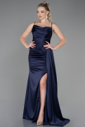 Long Navy Blue Satin Prom Gown ABU3267