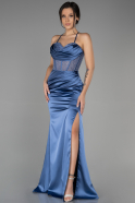 Long Indigo Satin Mermaid Prom Dress ABU3323