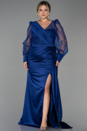 Long Navy Blue Satin Plus Size Evening Dress ABU2759