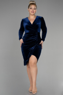 Midi Navy Blue Velvet Velvet Oversized Evening Dress ABK1875