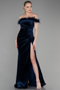Long Navy Blue Velvet Mermaid Evening Dress ABU3392