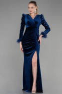Long Navy Blue Velvet Mermaid Prom Dress ABU3393