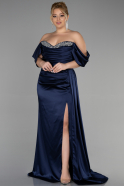 Long Navy Blue Satin Plus Size Evening Dress ABU3469