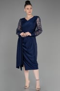 Navy Blue Silvery Long Sleeve Midi Plus Size Invitation Dress ABK2053