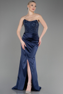 Long Navy Blue Satin Prom Gown ABU3883