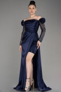 Navy Blue Long Sleeve Slit Satin Evening Dress ABU3867