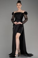 Black Long Sleeve Slit Satin Evening Dress ABU3867