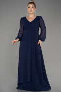 Navy Blue Long Sleeve Chiffon Plus Size Evening Dress ABU3938