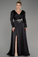 Black Long Sleeve Satin Plus Size Evening Dress ABU3941