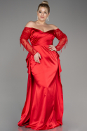Red Off The Shoulder Long Satin Plus Size Evening Dress ABU3943