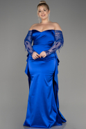 Sax Blue Off The Shoulder Long Satin Plus Size Evening Dress ABU3943