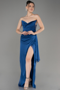 Sax Blue Strapless Slit Long Chiffon Evening Dress ABU3947