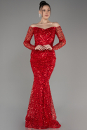 Red Boat Neck Long Sleeve Sequined Evening Dress ABU3879