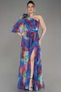 Fuchsia-Blue One Shoulder Slit Long Printed Evening Dress ABU3951