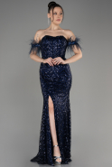 Navy Blue Strapless Slit Long Sequined Evening Gown ABU3953