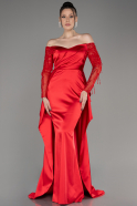 Red Off The Shoulder Long Satin Evening Dress ABU3942