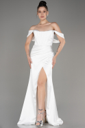 White Off Shoulder Slit Satin Prom Dress ABU3964