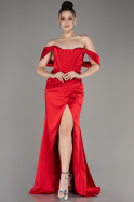 Red Off Shoulder Slit Satin Prom Dress ABU3964