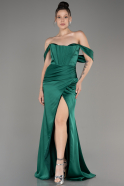 Emerald Green Off Shoulder Slit Satin Prom Dress ABU3964