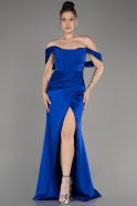 Sax Blue Off Shoulder Slit Satin Prom Dress ABU3964