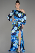 Sax Blue Patterned Satin Long Evening Dress ABU3971