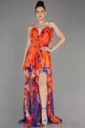 Orange Strapless Slit Printed Long Prom Dress ABU3975