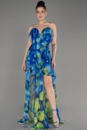 Sax Blue Strapless Slit Printed Long Prom Dress ABU3975