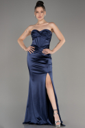 Navy Blue Strapless Slit Long Satin Prom Dress ABU3979