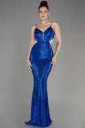Sax Blue Low Cut Back Long Scaly Prom Dress ABU3978