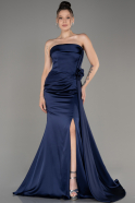 Navy Blue Strapless Slit Long Satin Prom Gown ABU3980