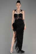 Black Slit Guipure Long Evening Gown ABU3983