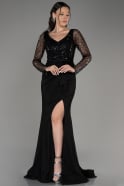 Black Sequined Long Sleeve Slit Pus Size Evening Dress ABU3284