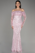 Powder Color Long Sleeve Off The Shoulder Sequin Evening Dress ABU4016