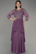 Lavender Stoned Long Sleeve Chiffon Plus Size Evening Dress ABU4018