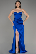 Sax Blue Strapless Slit Long Satin Evening Dress ABU3866