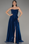Navy Blue Strapless Slit Long Satin Prom Dress ABU4013