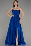 Sax Blue Strapless Slit Long Satin Prom Dress ABU4013